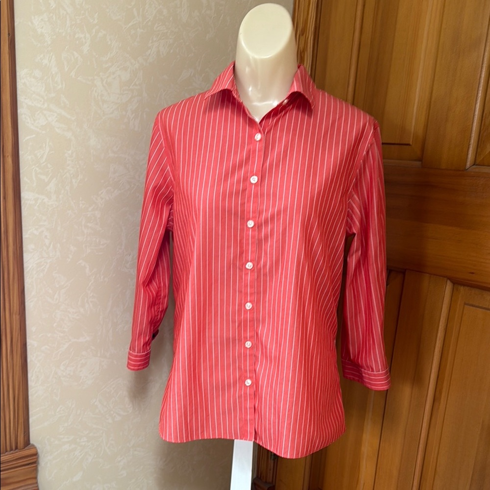 Lands' End Button Down Woman’s Shirt.  No Iron Supima. Coral w/white pinstripe